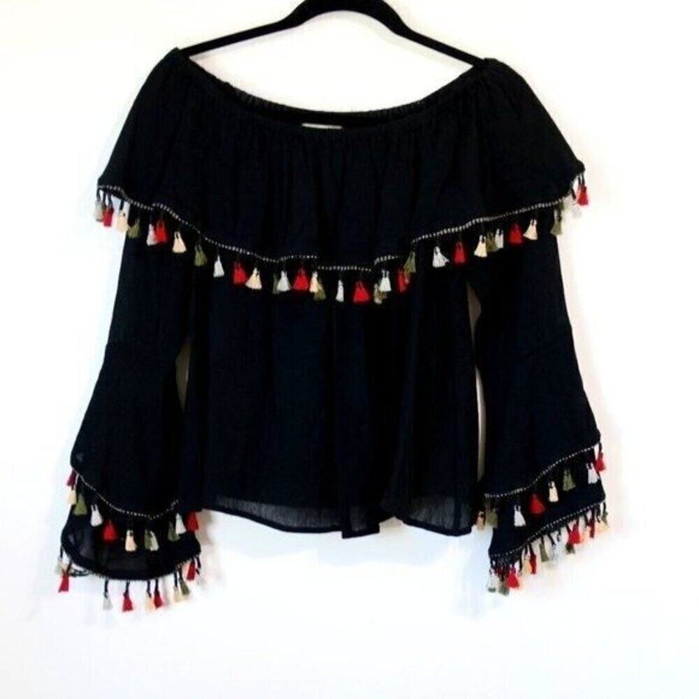 Altar'd State Black‎ Off Shoulder Shirt Marisol Top Tassels Small - Picture 3 of 7